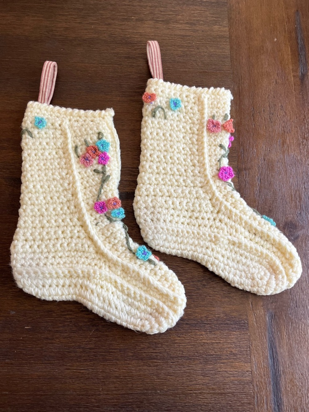 Pair | Vintage Victorian Crocheted Cream Christmas Stockings with Floral Details